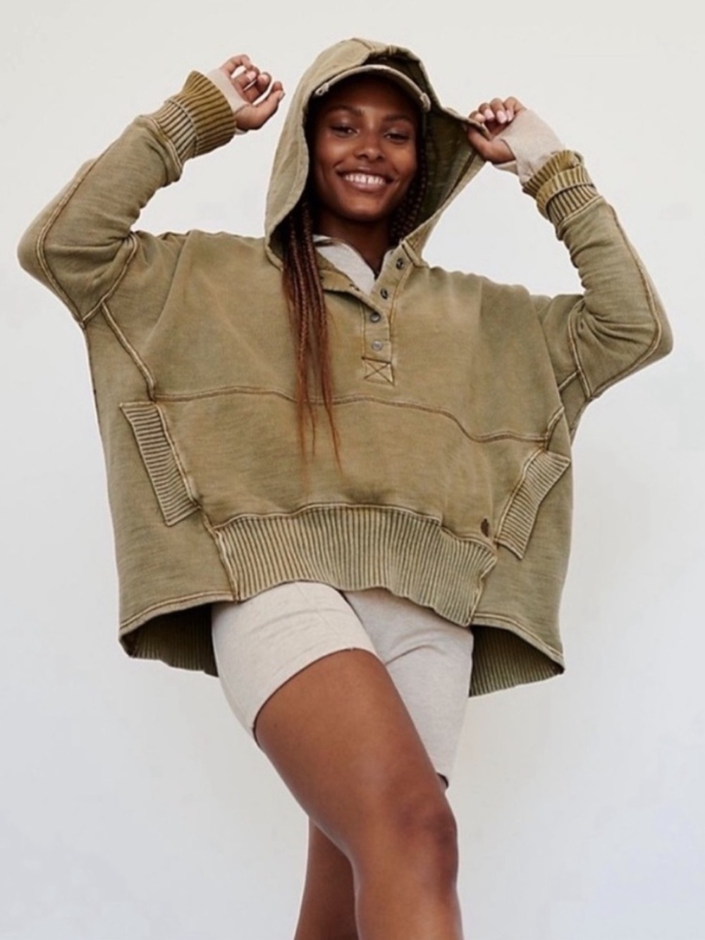 Free People FP Movement Acid Wash Hoodie Honey Dove Oversized Pullover Small